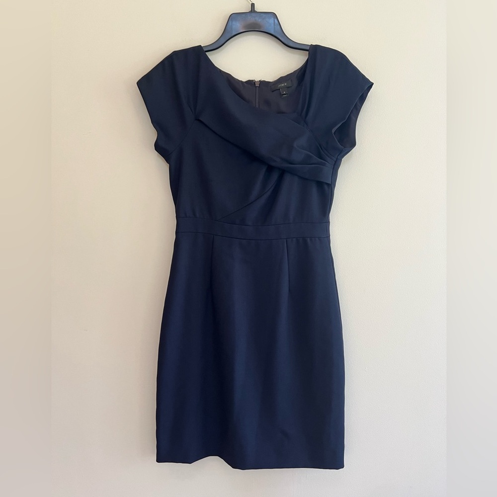 J. Crew Origami Sheath Dress Womens Navy Blue 100% Wool Cap Sleeve, size 0